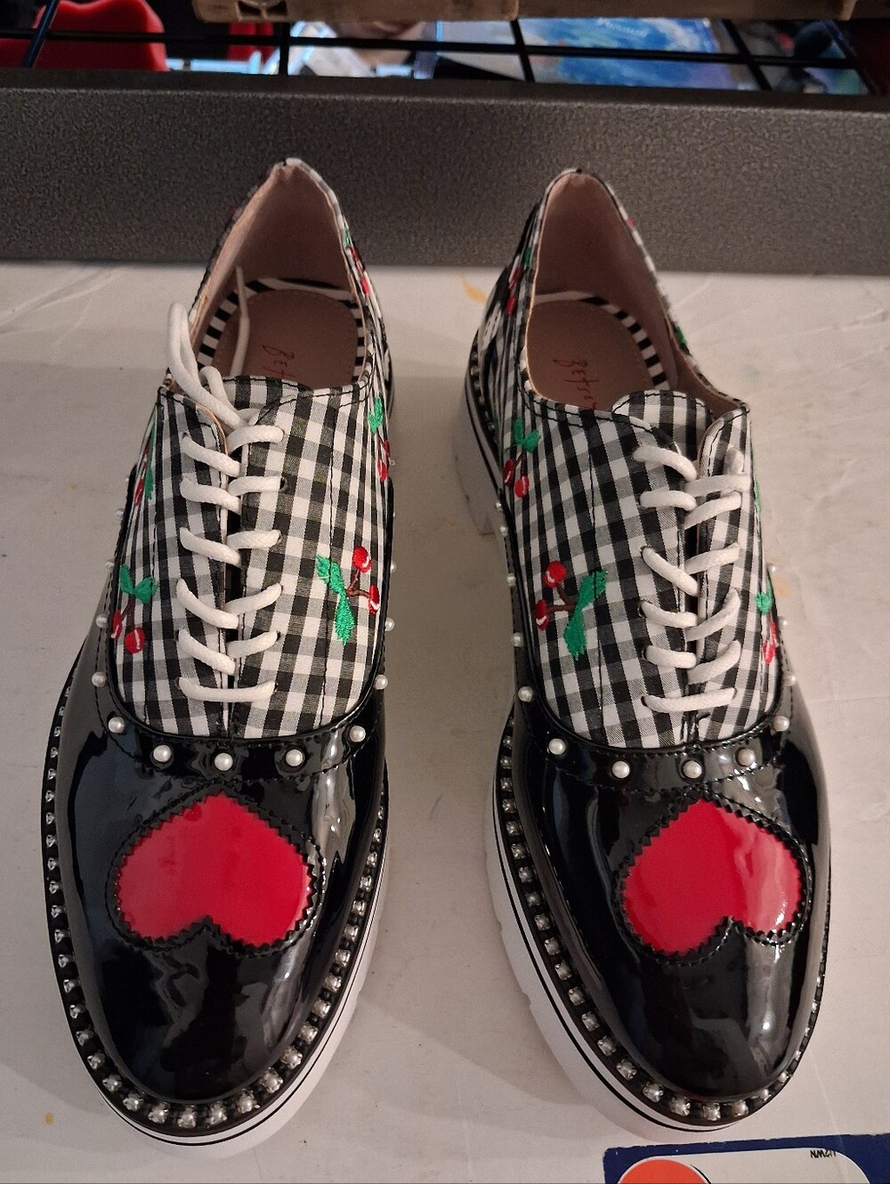 Betsey Johnson Shoes- Women's Abbott Oxfords - Checkered/Cherries/Heart